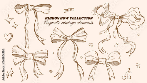 Set of elegant hand drawn ribbon bows and decorative elements, vintage sketchy style. Coquette bow knots for decoration. Romantic, feminine designs for wedding, valentine, birthday greeting card etc.