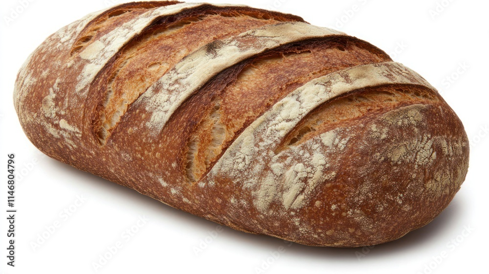 Crusty sourdough bread loaf, golden brown, rustic, freshly baked, isolated on white. Crusty sourdough bread loaf, golden brown, rustic, freshly baked, isolated on white.