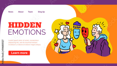 Mental health landing page. Hidden emotion. People communication with fake masks. Couple relationship. Insincerity and hypocrisy. Liar faces. Website design template. Vector psychological background