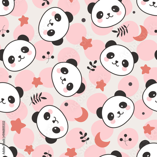 Cute hand drawn panda bear face with botanical elements, leaves and dots, red stars, moon. Kids seamless pattern background with baby animals.
