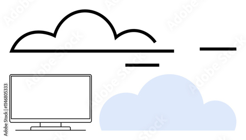 Computer monitor and two cloud icons representing data storage and retrieval. Ideal for tech, business, cloud services, data management, IT, digital marketing, education. Line metaphor