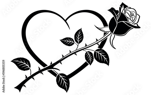 A black and white illustration of a heart intertwined with a thorny rose stem. The rose is in full bloom, symbolizing love and passion, while the thorns represent challenges and resilience.