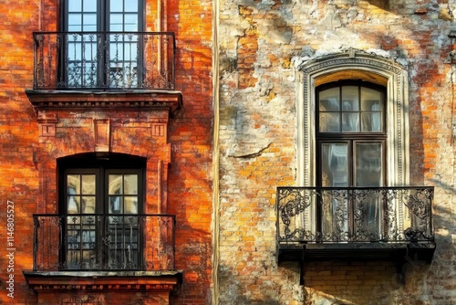 A contrasting view of brick and weathered walls with ornate balconies.