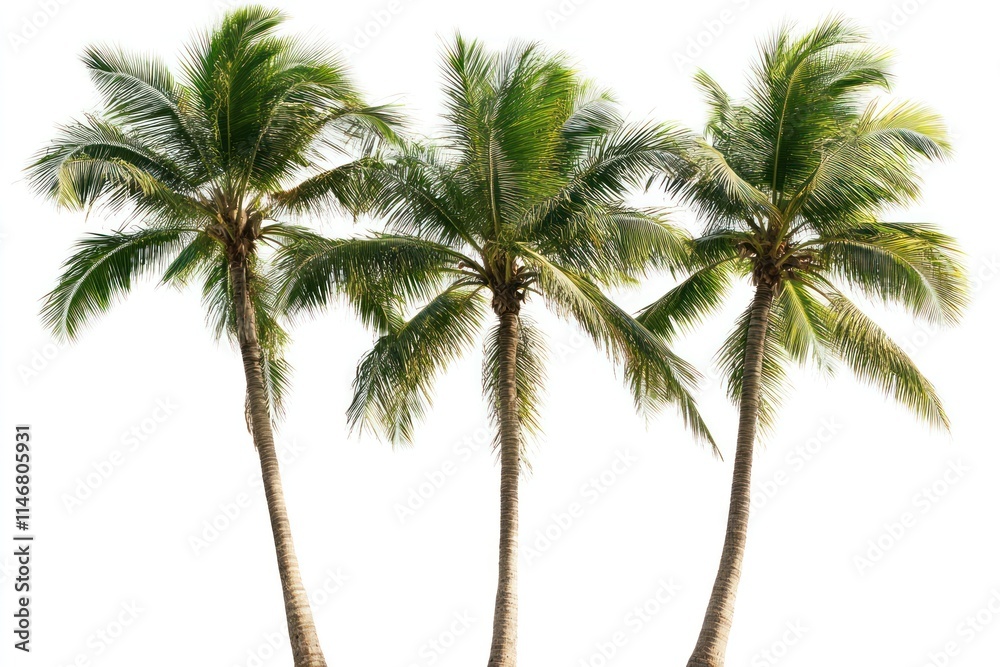 Obraz premium Three lush coconut palm trees isolated on white background. (2)