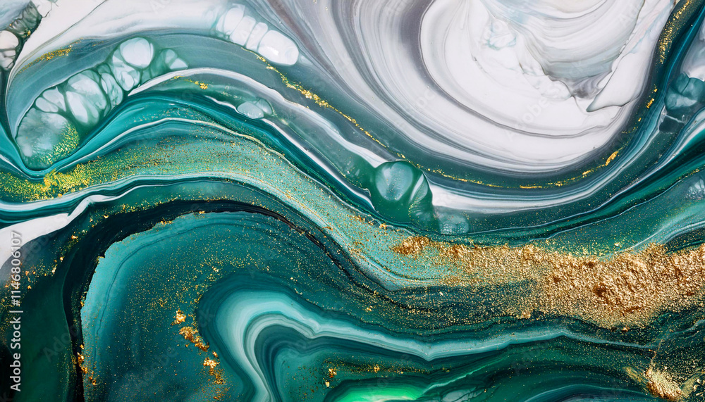 Obraz premium Abstrakcyjne jasne tło do projektu, tapeta, kolor biały, złoty, zielony, czarny, tekstura marmuru, wzór w kształcie fal