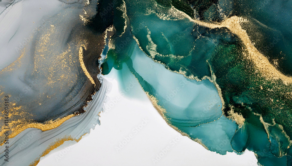 Naklejka premium Abstrakcyjne jasne tło do projektu, tapeta, kolor biały, złoty, zielony, czarny, tekstura marmuru, wzór w kształcie fal