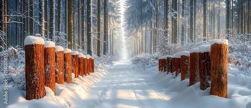 A serene winter landscape featuring a snow-covered pathway flanked by rustic wooden logs, bathed in soft sunlight filtering through tall evergreen trees.