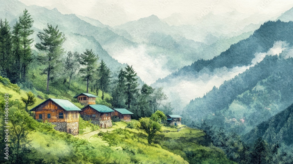 Obraz premium Misty mountain village with wooden houses nestled in green hills.