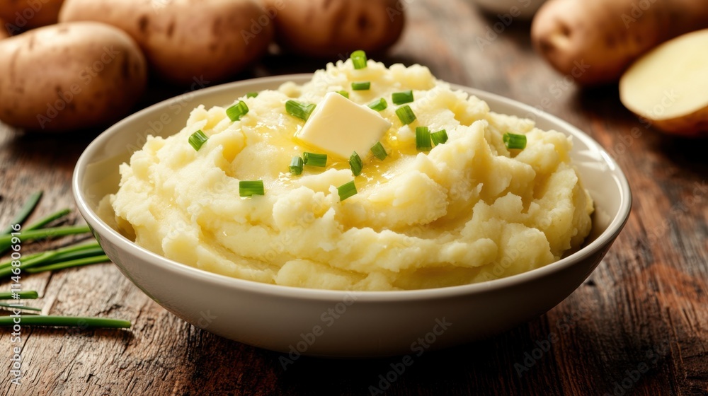 Creamy Mashed Potatoes with Butter and Chives in Rustic Setting Creamy Mashed Potatoes with Butter and Chives in Rustic Setting