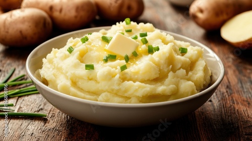 Creamy Mashed Potatoes with Butter and Chives in Rustic Setting