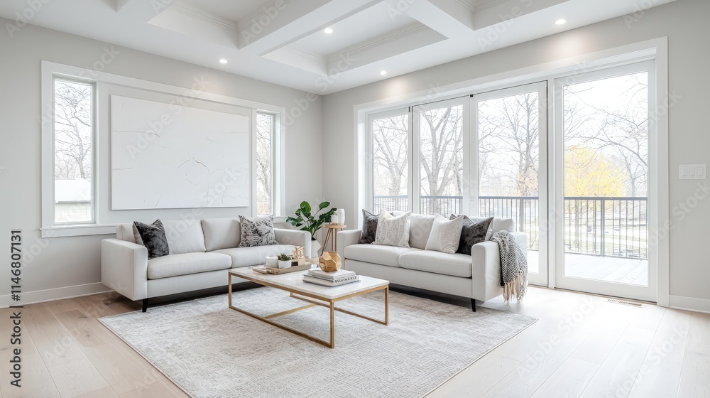 Fototapeta premium Modern living room with white sofas, large windows, and hardwood floors.