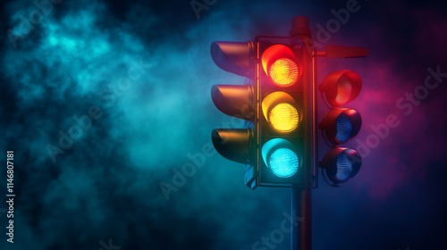 Traffic light with red, yellow, and green lights in smoky atmosphere.