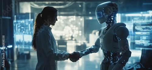 Wallpaper Mural A scientist and a humanoid robot shake hands in a futuristic lab setting. Torontodigital.ca