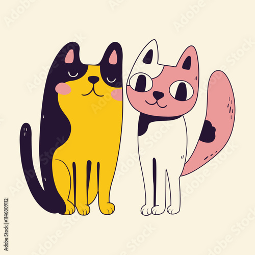 Cute vector illustration of funny weird animal characters drawn in trippy cartoon style. Simple hand drawn art of dog and cat. Copy space template. Friendship concept picture for pet shop, veterinary.