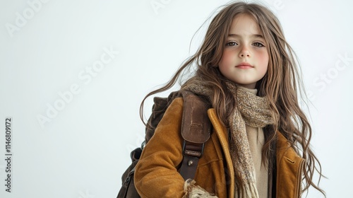 A full body from head to feet of a long haired little girl wearing Winter fashion. She is wearing luxury and color expensive clothes and carrying a bag. white background photo