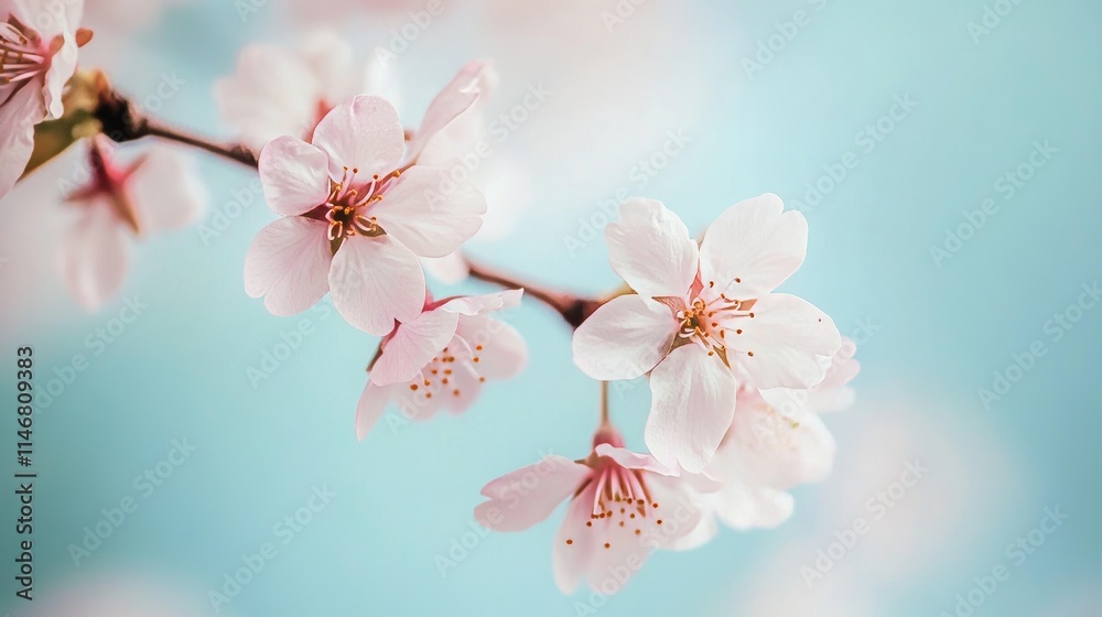Delicate cherry blossoms on a serene sky blue backdrop, close-up shot, Minimalist style Delicate cherry blossoms on a serene sky blue backdrop, close-up shot, Minimalist style