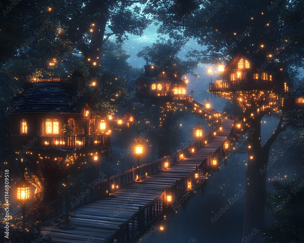 A futuristic treehouse village among glowing trees with magical blue-green lights. A wooden bridge connects houses, set under a starry night sky, evoking adventure, dreams, and nature's wonder. A futuristic treehouse village among glowing trees with magical blue-green lights. A wooden bridge connects houses, set under a starry night sky, evoking adventure, dreams, and nature's wonder.