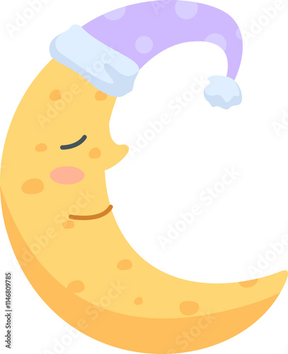 Cartoon crescent moon is wearing a purple dotted sleeping hat, its eyes are closed and it has a serene expression, conveying a sense of peace and restfulness