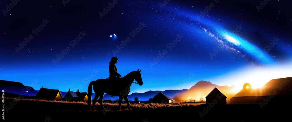 Night sky, starry landscape, comet, silhouette of horseback rider, desert scene, teepees, native american encampment, sunset glow, dramatic horizon, panoramic view, celestial beauty, cosmic wonder, we Night sky, starry landscape, comet, silhouette of horseback rider, desert scene, teepees, native american encampment, sunset glow, dramatic horizon, panoramic view, celestial beauty, cosmic wonder, we