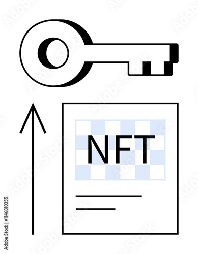 Digital key above an NFT document, with an arrow pointing upwards. Ideal for blockchain, cryptocurrency, digital assets, secure transactions, innovation, investment future technology. Line metaphor