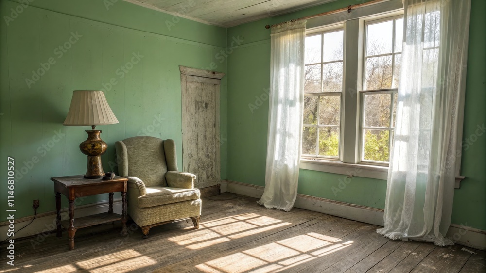 Sunbeams Stream Through Window Into Empty Room with Upholstered Armchair and Side Table with Lamp Sunbeams Stream Through Window Into Empty Room with Upholstered Armchair and Side Table with Lamp