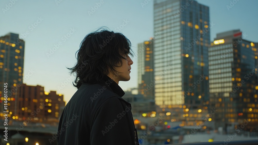 Young man with long hair, looking away from the camera, standing in front of a city skyline at dusk. Young man with long hair, looking away from the camera, standing in front of a city skyline at dusk.