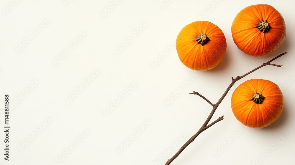 Fresh Orange Pumpkins with Brown Branch on White Background Fresh Orange Pumpkins with Brown Branch on White Background