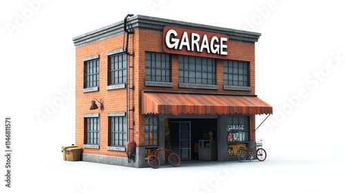 Rustic garage building with a vibrant sign, white isolate background.