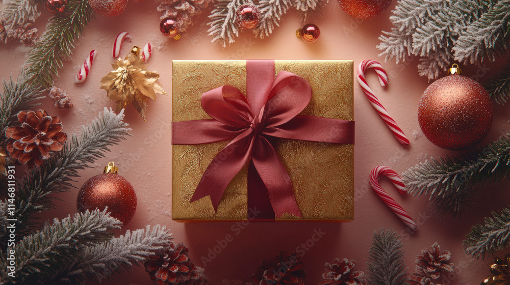 Luxurious Christmas Flat Lay with Golden Gift and Festive Decorations Luxurious Christmas Flat Lay with Golden Gift and Festive Decorations