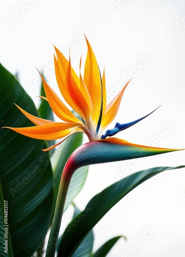 Bright tropical Bird of Paradise flower with vibrant orange and blue petals, surrounded by lush green leaves, captured in sharp focus against a clean white background.
 photo