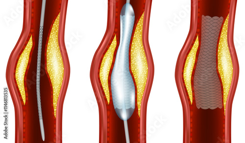 Angioplasty Procedure Illustration. Balloon Angioplasty Step-by-Step. Artery Stent Placement Diagram. Artery Narrowing Treatment.  