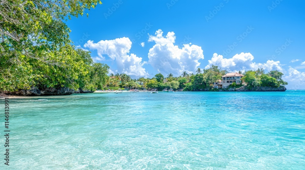 Fototapeta premium Idyllic tropical beach with turquoise water, lush greenery, and a house on a hill.