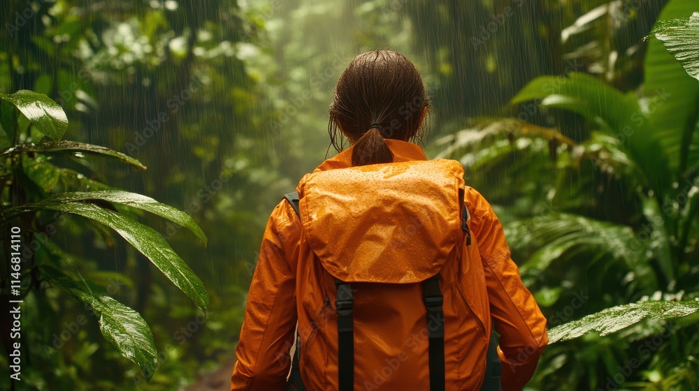 Fototapeta premium Adventurer in a Rainforest: Exploring Nature's Beauty in Rainy Conditions with Lush Green Foliage and Vibrant Outdoor Gear for an Inspiring Journey