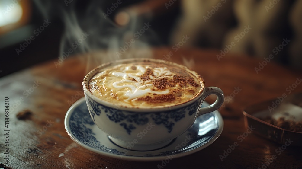 Steaming cup of cappuccino with cinnamon art on a wooden table. Steaming cup of cappuccino with cinnamon art on a wooden table.
