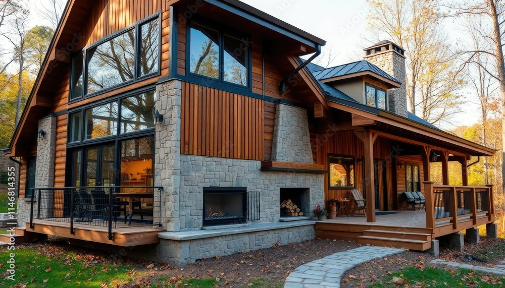 Obraz premium A rustic cabin with wood accents, large windows, and a porch