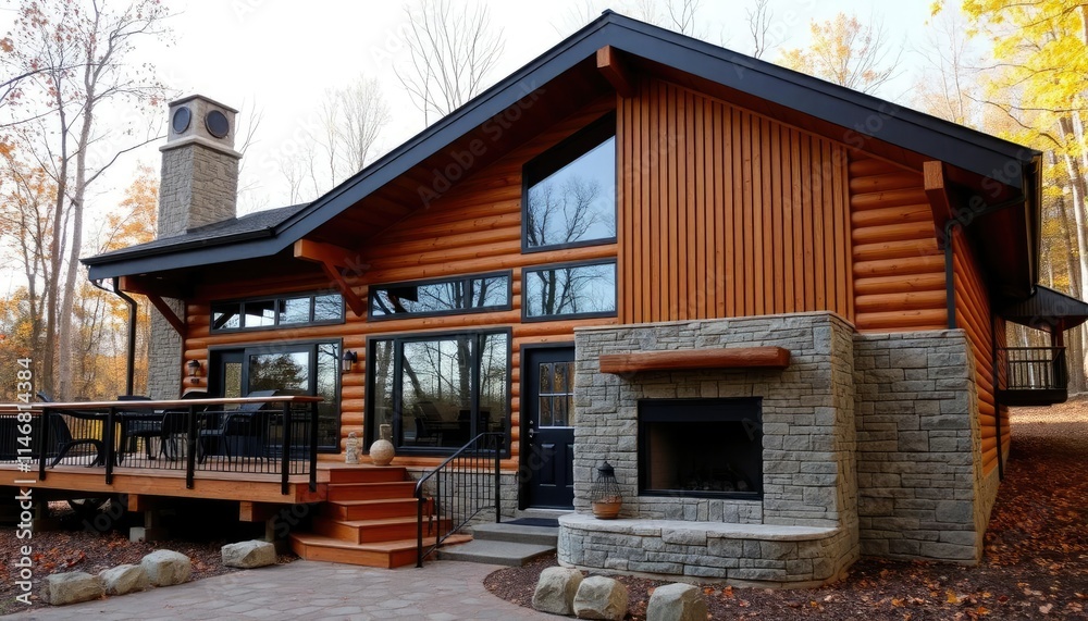 A rustic cabin with wood accents, large windows, and a porch A rustic cabin with wood accents, large windows, and a porch