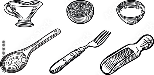 Kitchenware engraved line drawing set isolated on white background.