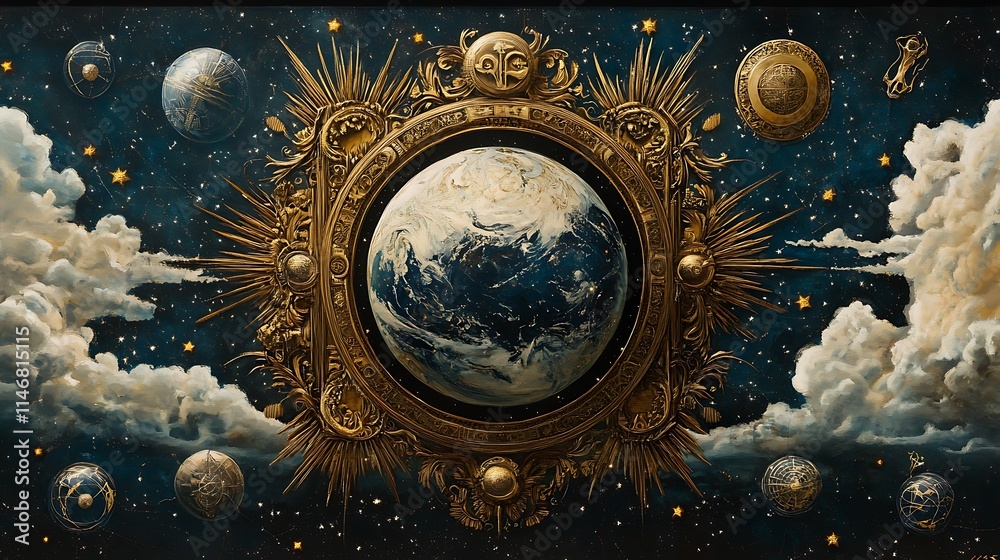 Obraz premium A Celestial Globe Surrounded by Floating Mystical Orbs in a Cosmic Setting, Perfect for Fantasy Art, Astrology Concepts, Space-Themed Designs, and Futuristic Sci-Fi Illustrations
