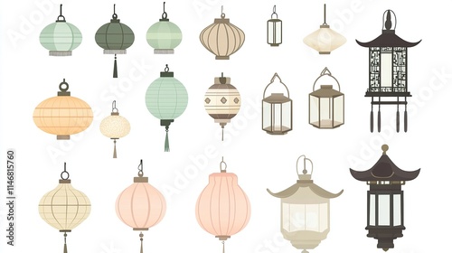 Traditional Chinese Lantern Vector Elements on White Background, Flat Design Style for Graphic Design Flexibility. 