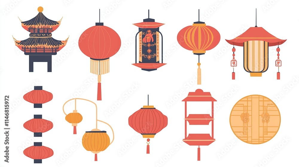 Traditional Chinese Lantern Vector Elements on White Background, Flat Design Style for Graphic Design Flexibility. Traditional Chinese Lantern Vector Elements on White Background, Flat Design Style for Graphic Design Flexibility.