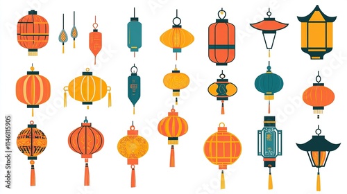 Traditional Chinese Lantern Vector Elements on White Background, Flat Design Style for Graphic Design Flexibility. 