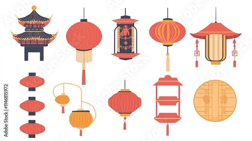 Traditional Chinese Lantern Vector Elements on White Background, Flat Design Style for Graphic Design Flexibility. 
