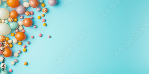 Verschiedene Karnevalsdekorationen, Konfetti, Luftballons, Süßigkeiten auf neutralen Hintergrund mit leerem Platz zum Schreiben.Werbebanner, Postkarte photo