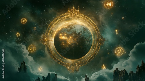 A Celestial Globe Surrounded by Floating Mystical Orbs in a Cosmic Setting, Perfect for Fantasy Art, Astrology Concepts, Space-Themed Designs, and Futuristic Sci-Fi Illustrations photo