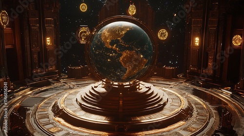 A Celestial Globe Surrounded by Floating Mystical Orbs in a Cosmic Setting, Perfect for Fantasy Art, Astrology Concepts, Space-Themed Designs, and Futuristic Sci-Fi Illustrations photo