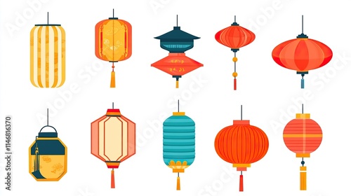 Traditional Chinese Lantern Vector Elements on White Background, Flat Design Style for Graphic Design Flexibility. 