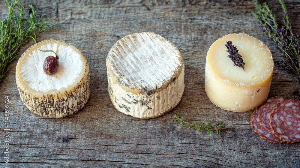 Assorted Cheese Varieties on Rustic Wooden Table with Herbs
