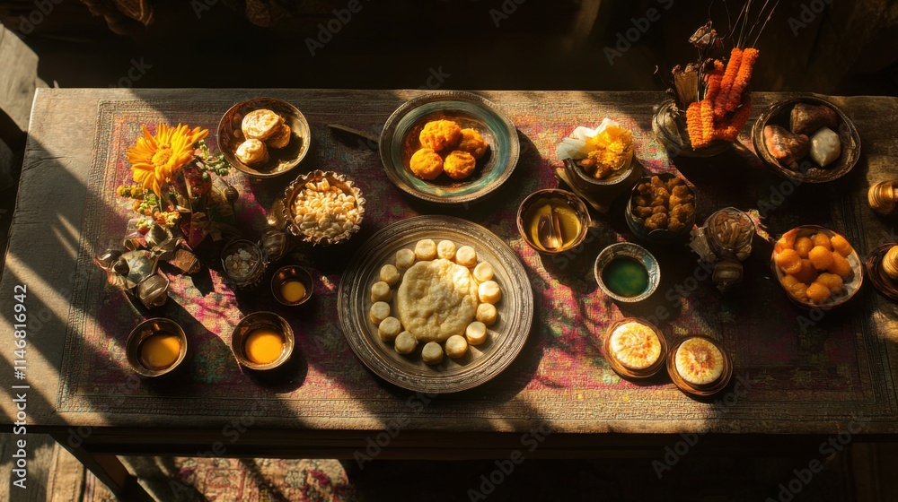 Exquisite Display of Traditional Indian Sweets and Festive Delicacies on Rustic Wooden Table Surrounded by Decorative Elements and Natural Light Exquisite Display of Traditional Indian Sweets and Festive Delicacies on Rustic Wooden Table Surrounded by Decorative Elements and Natural Light