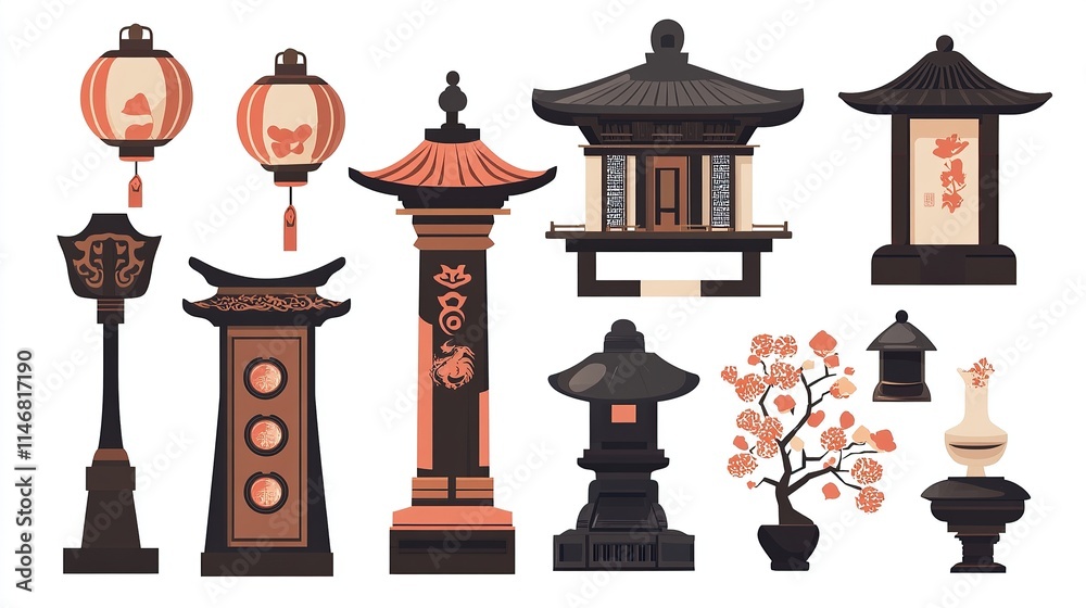 Traditional Chinese Lantern Vector Elements on White Background, Flat Design Style for Graphic Design Flexibility. Traditional Chinese Lantern Vector Elements on White Background, Flat Design Style for Graphic Design Flexibility.