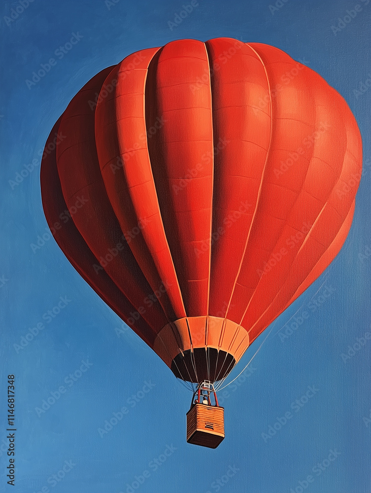 Fototapeta premium Red hot air balloon rises against clear blue sky, showcasing vibrant color and peaceful ascent in early morning light
